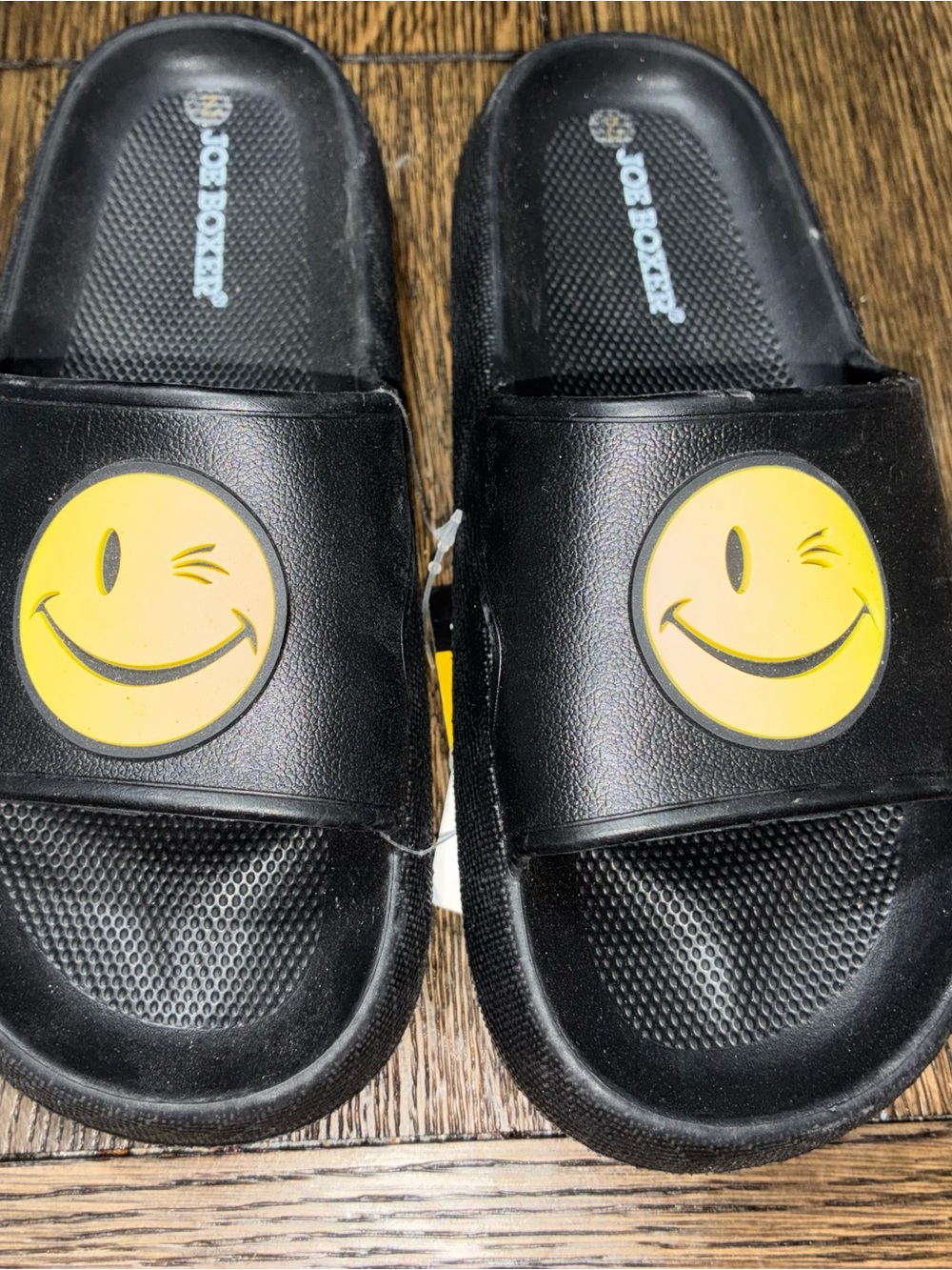 Joe Boxer Black Slides with Yellow Winking Emoji